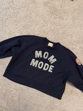Judith March Navy Rhinestone "MOM MODE" Cropped Crewneck Sweatshirt